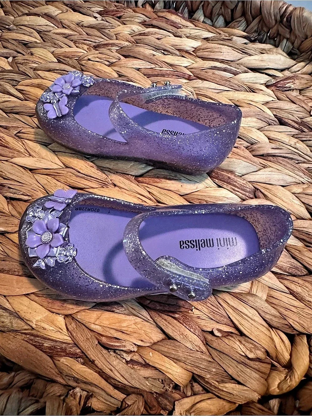 mini melissa Purple Glitter Flower Mary Jane Shoes